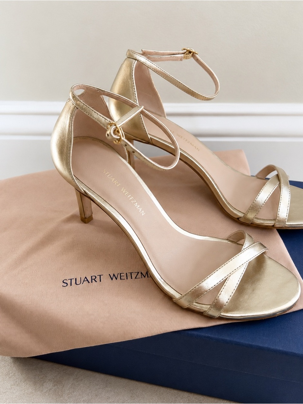Stuart Weitzman Lynette Metallic Gold Nappa Leather Heels Size 6